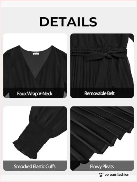 Plus Size Long Sleeve Pleated Midi Dress for Wedding Guest Semi Formal - Picture 4 of 7